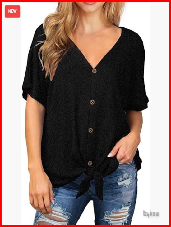 Tops - Waffle Knit Tunic Blouse Tie Knot Short Sleeve Henley Tops Loose Fitting Bat